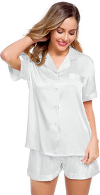 LecGee Womens Silk Satin Pajamas Short Sleeve Loungewear Two-Piece Sleepwear Button-Down Pj Set