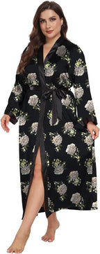 Womens Plus Size Silky Satin Kimono Robe Floral Long Bathrobe Wedding Sleepwear Dressing Gown