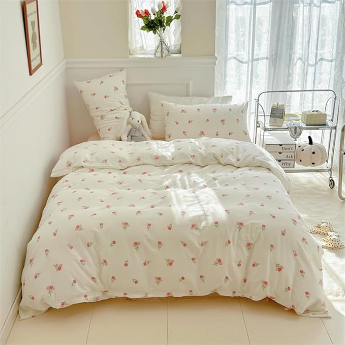 Nayoroom Pink Floral Duvet Cover Queen Size Cute Tulip Printed on White Comforter Cover 3Pcs Kids Girls Kawaii Cottagecore Bedding Set with Zipper Closure Soft Breathable Microfiber