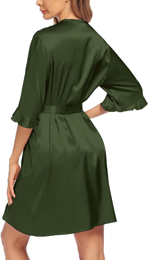 Ekouaer Women's Satin Robe Valentines Lingerie for Women Kimono Bathrobe Short Ruffle Belted Robes Bridesmaids Sleepwear