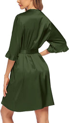 Ekouaer Women's Satin Robe Valentines Lingerie for Women Kimono Bathrobe Short Ruffle Belted Robes Bridesmaids Sleepwear