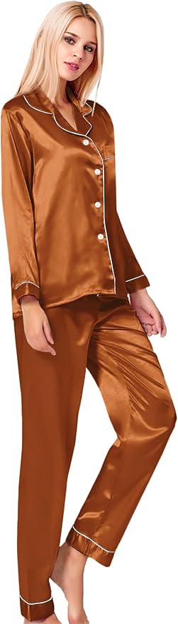 SWOMOG Womens Silk Satin Pajamas Set Long Sleeve Button Down Sleepwear 2 Piece Lounge Set Pj Set XS-3XL