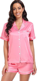 Serenedelicacy Women's Satin Pajama Set 2-Piece Sleepwear Loungewear Button Down Short Sleeve Silky PJ Set