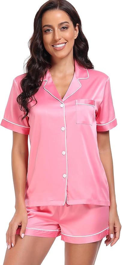 Serenedelicacy Women's Satin Pajama Set 2-Piece Sleepwear Loungewear Button Down Short Sleeve Silky PJ Set