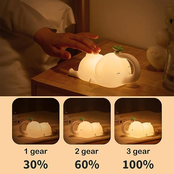 S NMT Cute Elephant Silicone Night Light LED Novelty Lamp 3 Level Dimmable Nursery Nightlight USB Rechargeable Timing Sleeping Lamp for Baby Kids Decor