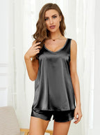 MOYEE Women Silk Pajama Set Soft Satin V Neck Tank Top and Shorts 2 Piece lounge Sets with Pockets