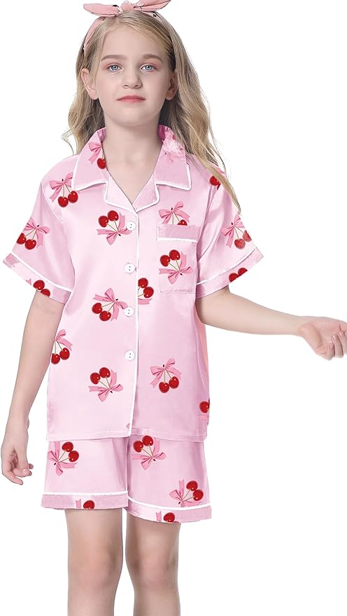 Umeyda Women & Girls Pajamas Set, Soft Satin Lightweight Silk Button-Down Top with Shorts 2 Piece PJS for Mom Boys Kids Gifts