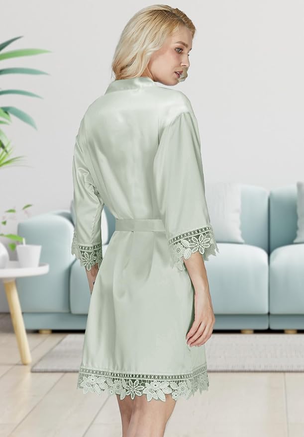 Silk Robes for Womens 2Pcs Satin Robe Kimonos Bridesmaid Bride Lace Bathrobes Sleepwear Bridal Silky Loungewear Wedding Robes