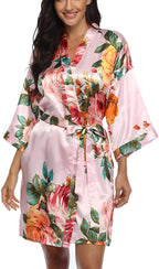 Floral Silk Robes for Women Kimono Satin Short Bath Robe Bridal Dressing Gown Bride Bridesmaids Lightweight Bathrobes
