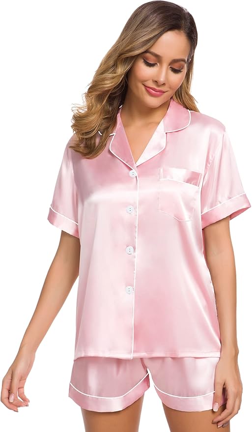 SWOMOG Womens Silk Satin Pajamas Set Short Sleeve Sleepwear Button Down Top and Shorts Loungewear 2 Piece Pjs Set XS-3XL