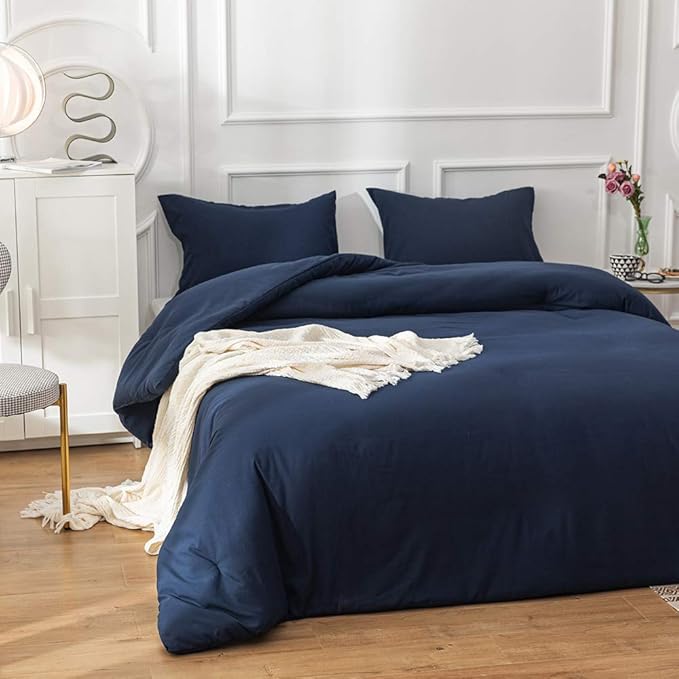 Luxlovery Navy Blue Comforter Set Full Men Boys Dark Blue Bedding Comforter Sets Navy Comfy Soft Blanket Quilts Cozy Breathable Solid Hotel Quality Bedding Comforter Set with 2 Pillowcase
