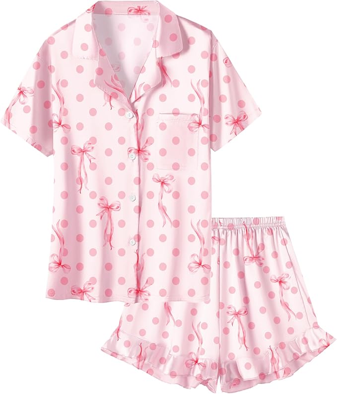 Umeyda Girls & Women Satin Pajamas Set Button Down 2 Piece Silk Pjs Shorts Set Ruffle Sleepwear, 5 Years-Women L