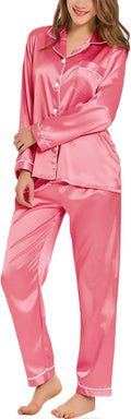 SWOMOG Womens Silk Satin Pajamas Set Long Sleeve Button Down Sleepwear 2 Piece Lounge Set Pj Set XS-3XL