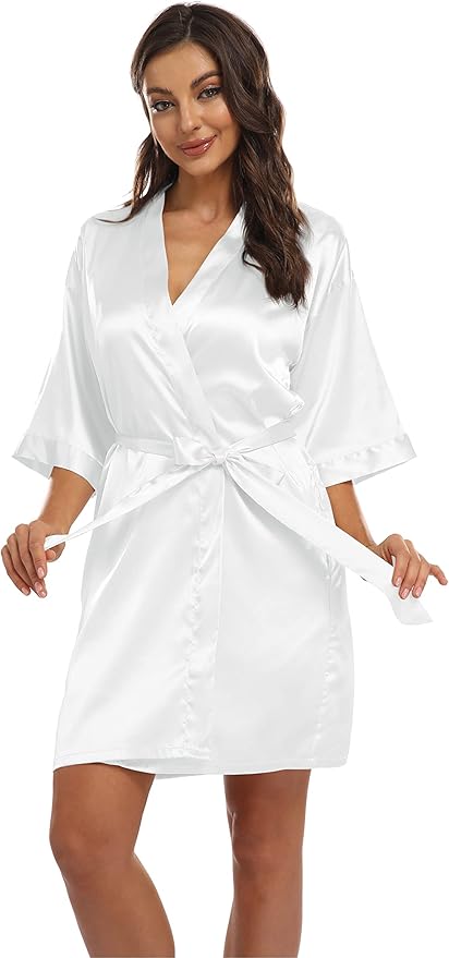 Women's Pure Short Kimono Robes Bride Bridesmaids Silky Bathrobe Lightweight Satin Sleepwear