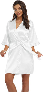 Women's Pure Short Kimono Robes Bride Bridesmaids Silky Bathrobe Lightweight Satin Sleepwear