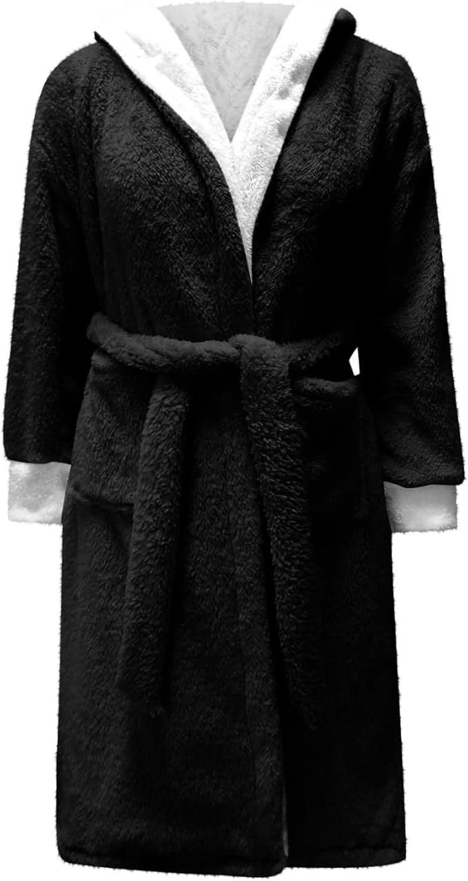 Fuzzy Plush Bathrobe Women Fashion Hooded Thicken Fleece Lined Warm Comfy Long Robe Flannel Loungewear