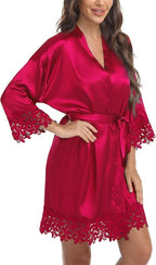 Womens Short Satin Robe Lace Trim Silk Kimono Sleepwear Bridesmaid Robes for Bride Wedding Party Nightgown