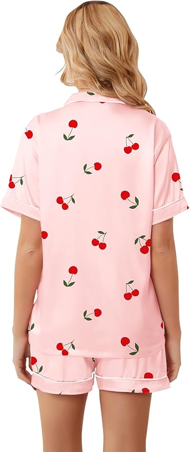 Umeyda Women & Girls Pajamas Set, Soft Satin Lightweight Silk Button-Down Top with Shorts 2 Piece PJS for Mom Boys Kids Gifts