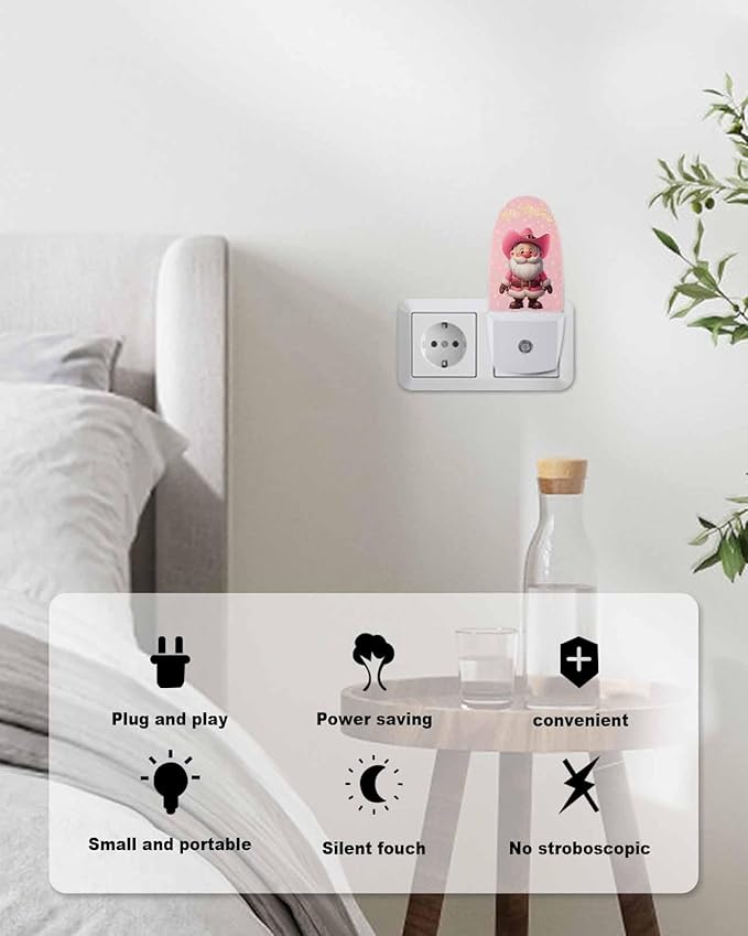 Night Light Plug into Wall, Winter Xmas Peach Western Cowboy Santa Claus Snowflake Texture Vintage Popsicle Shape Night Light LED Nightlight with Light Sensors for Kids Bedroom Hallway