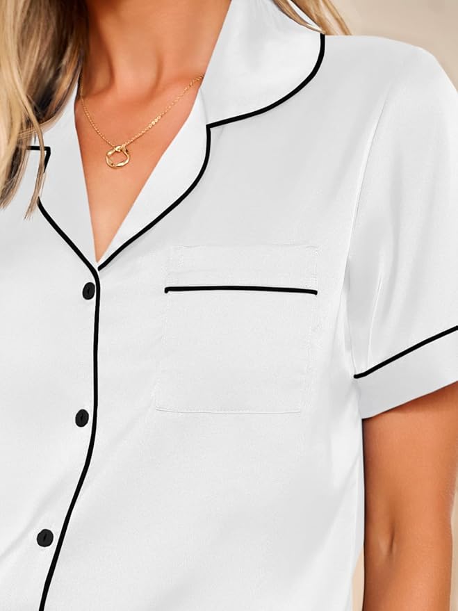 LILLUSORY Silk Satin Pajama Set for Women 2 Piece Lounge Pjs Winter Matching Summer Sleepwear Button Down Shirt Shorts
