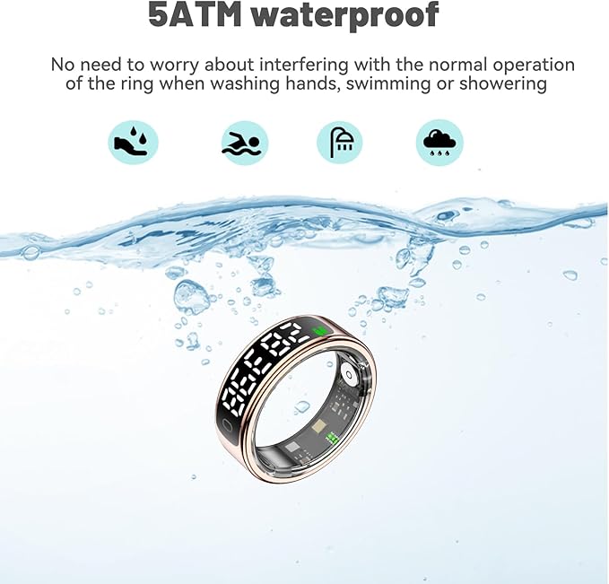Smart Health Ring for Women Men, Smart Ring Fitness Tracker for iOS Android, Heart Rate, Blood Oxygen, Blood Pressure, Sleep Monitoring,5ATM Waterproof, No Subscription Fee (Black, 8#)
