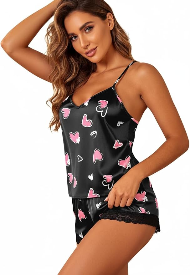 Ekouaer Satin Pajamas Women Lace Sleepwear Lingerie Cami Shorts Set Nightwear XS-XXL