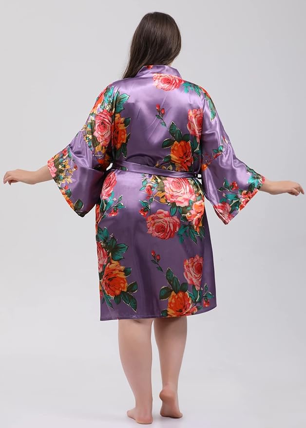 QXQTER Peony Floral Silky Satin Robe Wedding Bridal Party Bride Bridesmaid Robes for Women Dressing Gown Kimono Robe