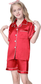 Umeyda Women & Girls Pajamas Set, Soft Satin Lightweight Silk Button-Down Top with Shorts 2 Piece PJS for Mom Boys Kids Gifts