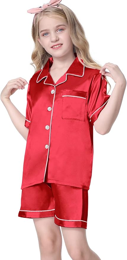 Umeyda Women & Girls Pajamas Set, Soft Satin Lightweight Silk Button-Down Top with Shorts 2 Piece PJS for Mom Boys Kids Gifts