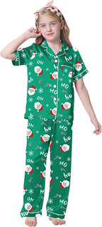 Umeyda Girls Womens Pajamas Set, Satin Silky Button Down Loungewear 2 Piece Short Sleeve Pants PJS Sets for Mommy Kids