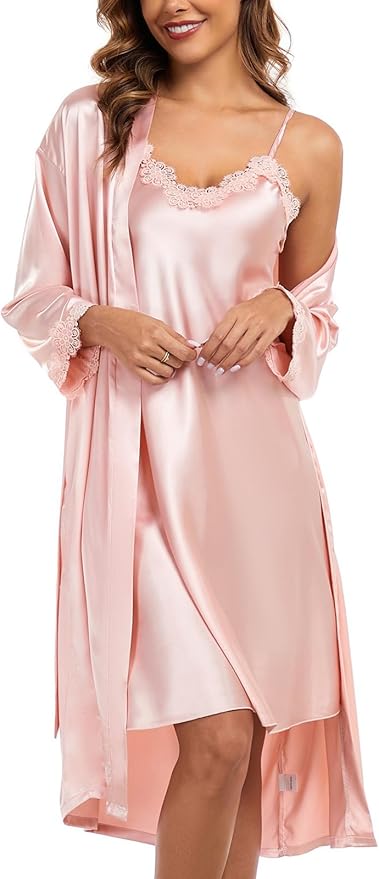 BestWendding Women's Silk Robe Set 2 Pieces Pajamas Sets Sexy Soft Satin Robe with V Neck Camisole Lingerie Nightgown