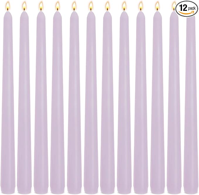 12-Pack Light-Purple Taper Candles, 10 Inch Unscented Dripless Candlesticks, Long-Lasting Burn Time of 7-8 Hours, Perfect for Home Décor, Weddings, and Events