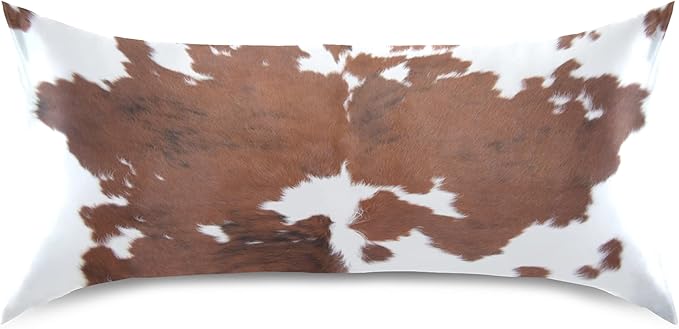 Farm Animal Cow Brown Cowhide Print Satin Pillowcase for Hair and Skin, Cow Skin Pattern Silk Pillow Case with Envelope Closure, Standard Size 20x26 inches, 1 PC