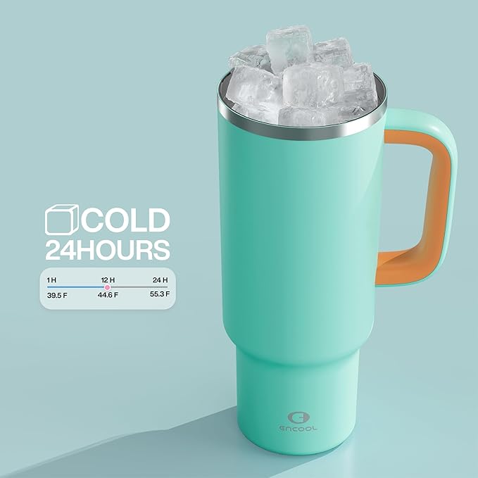 ENCOOL 40 oz Tumbler with Handle and Straw: Stainless Steel Insulated Tumbler Keeps Cold for 24 Hours, Leakproof Travel Cup Fits in Cup Holder and BPA-Free,Soft Cyan