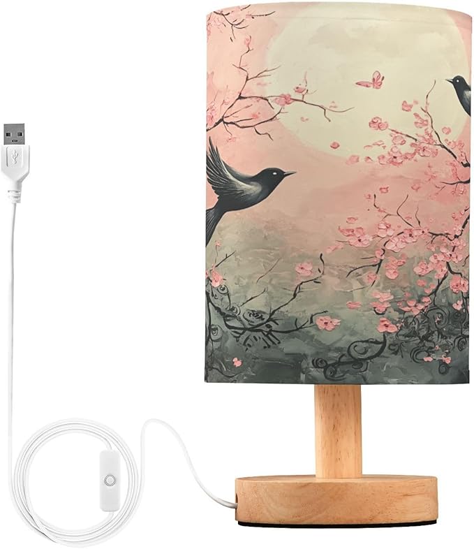 Table LED Lamps Peach Blossom Moon Bird Bedroom Night Light Bedside Lamps with USB Ports Nightstand Lamps Wood Base Living Room Dorm Office