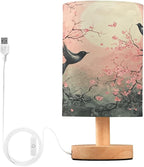 Table LED Lamps Peach Blossom Moon Bird Bedroom Night Light Bedside Lamps with USB Ports Nightstand Lamps Wood Base Living Room Dorm Office