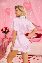 HOTOUCH Womens Satin Pajamas Set Button Down 2 Piece Silk Pjs Shorts Set Ruffle Lingerie Notch Collar Sleepwear