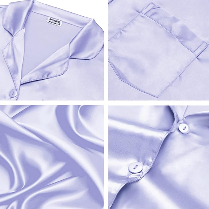 SWOMOG Long Sleeve Pajamas Set Silk Satin Sleepwear Button Down Pjs Loungewear with Pocket