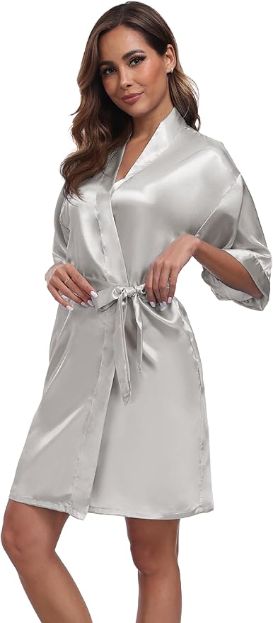Women's Short Satin Robes Silky Bathrobe Bridesmaid Sleepwear for Wedding Party Getting Ready Solid Color