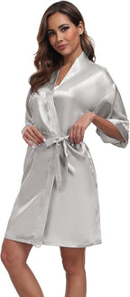 Women's Short Satin Robes Silky Bathrobe Bridesmaid Sleepwear for Wedding Party Getting Ready Solid Color