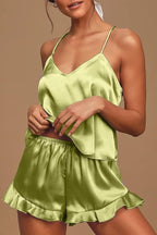 CHYRII Women's Sexy Silk Satin Ruffled Pajamas Sets Cami Shorts Sets Sleepwear