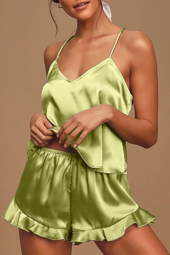 CHYRII Women's Sexy Silk Satin Ruffled Pajamas Sets Cami Shorts Sets Sleepwear