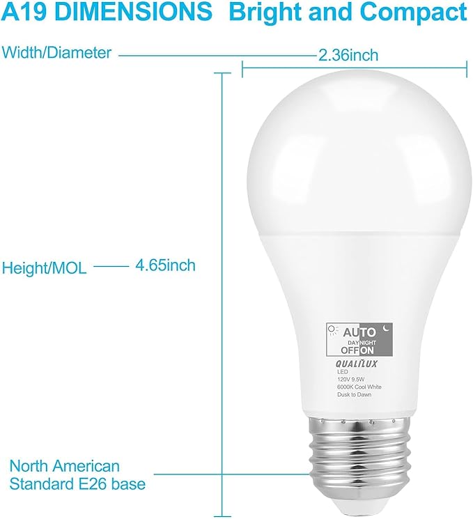 Qualilux Dusk to Dawn Light Bulbs Outdoor 850 Lumen, 60W Equivalent, Daylight Deluxe 6000K, LED 9.5W, A19, E26 Base, 4-Pack, HQ-H010