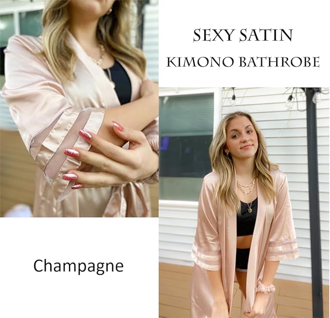 Ekouaer Women's Satin Robe Silk Kimono Bathrobe Bridesmaid Wedding Bridal Party Robes 3/4 Bell Sleeve Sleepwear S-XXL