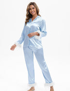 MORFORU Satin Pajama Set for Women Feather Trim Long Sleeve Pjs with Sleep Mask Headband Scrunchie Sleepwear Lounge Set