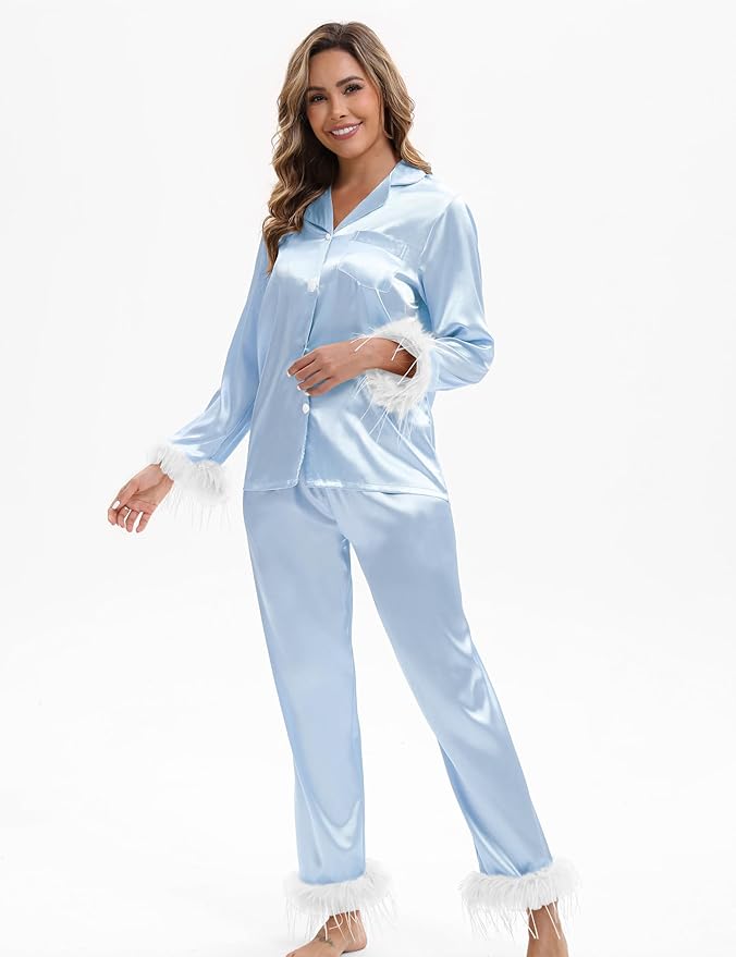 MORFORU Satin Pajama Set for Women Feather Trim Long Sleeve Pjs with Sleep Mask Headband Scrunchie Sleepwear Lounge Set