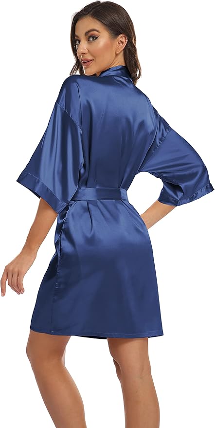 Women's Pure Short Kimono Robes Bride Bridesmaids Silky Bathrobe Lightweight Satin Sleepwear