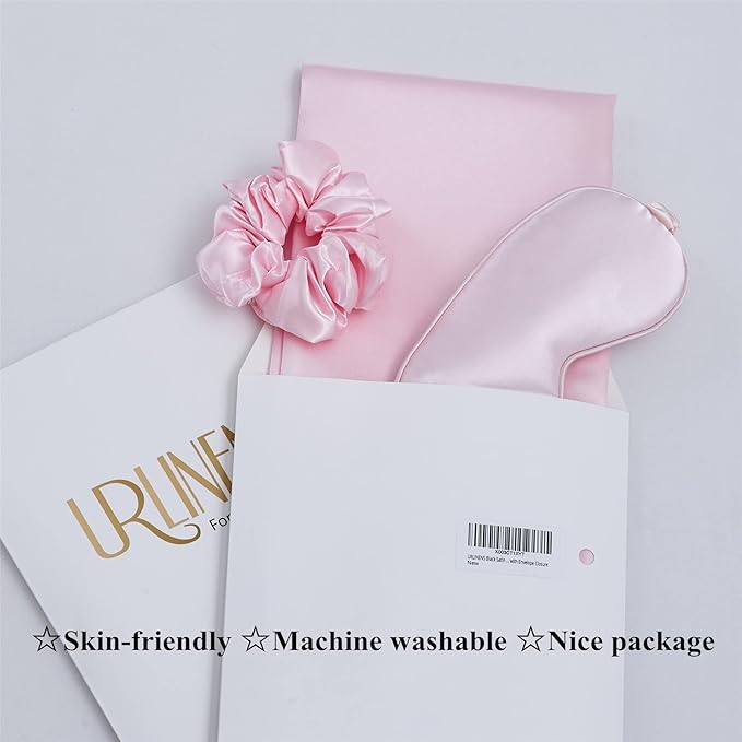 Satin Pillowcase for Hair and Skin, Vegan Silk Pillowcase Set-2 Pink Satin Pillowcases, 1 Eye Mask, 1 Scrunchie-Luxury Sleep Set, Silky Standard Satin Pillow Cases with Envelope Closure