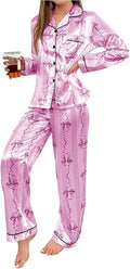 WDIRARA Women's 2 Piece Bowknot Print Satin Pajama Set Long Sleeve Button Down Lounge Pants Sleepwear Sets