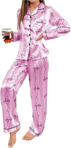 WDIRARA Women's 2 Piece Bowknot Print Satin Pajama Set Long Sleeve Button Down Lounge Pants Sleepwear Sets